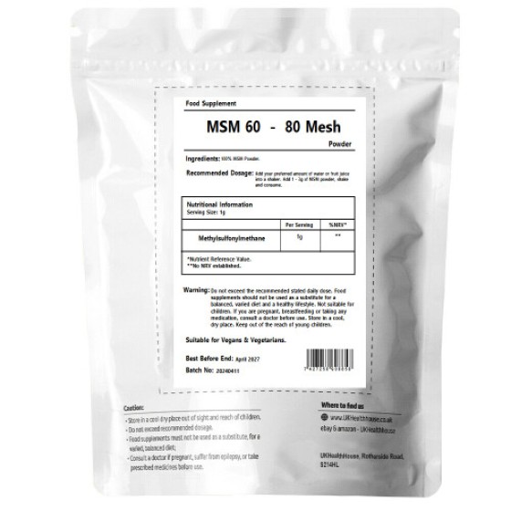 1 kg MSM (Methylsulfonylmethane) Bubuk - 100% Murni, memenuhi standar USP (United States Pharmacopeia) dan BP (British Pharmacopoeia).